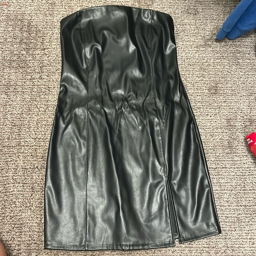 black leather strapless dress